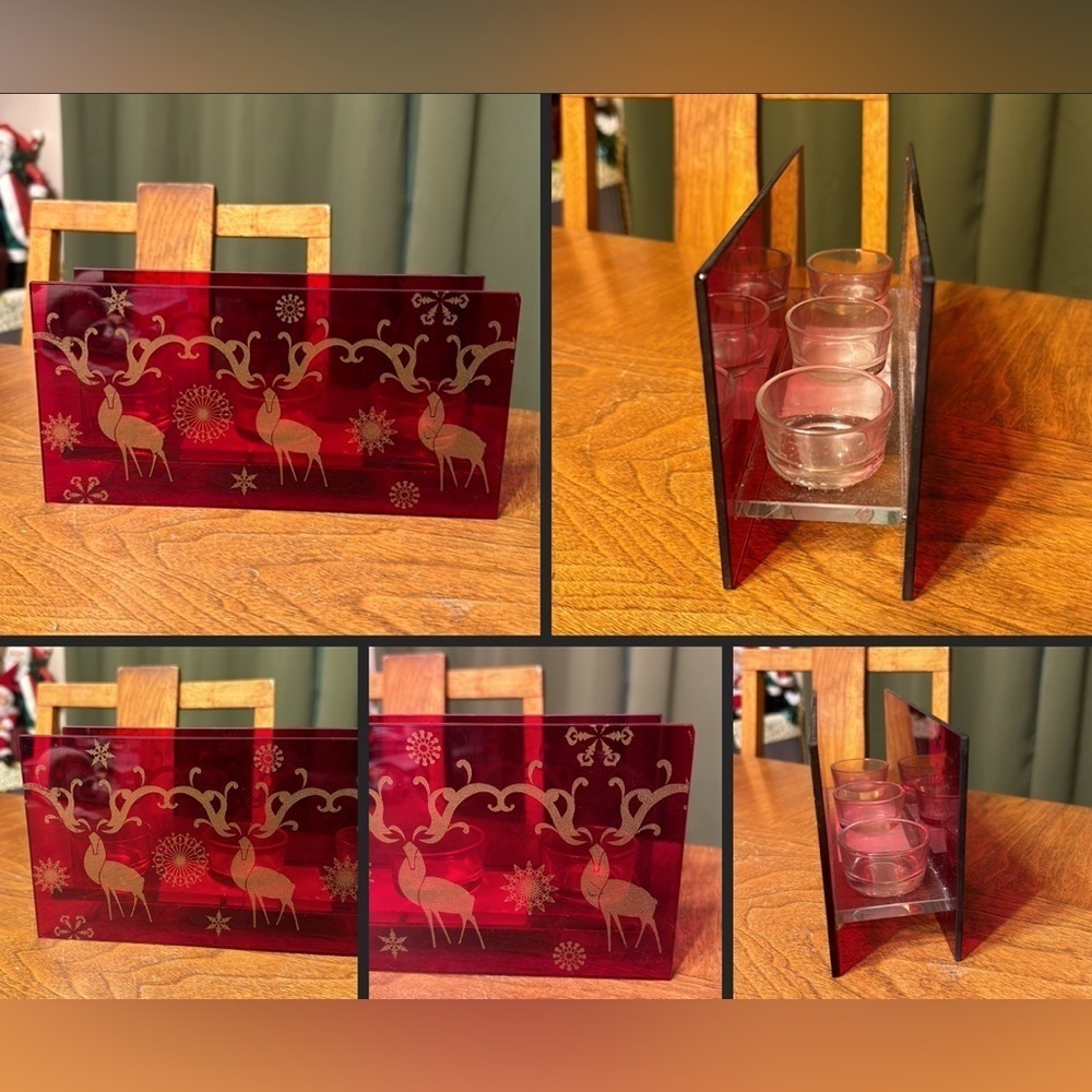 Garden Ridge Red Gold Triple Christmas Tealight Holder Reindeer Snowflake Decor